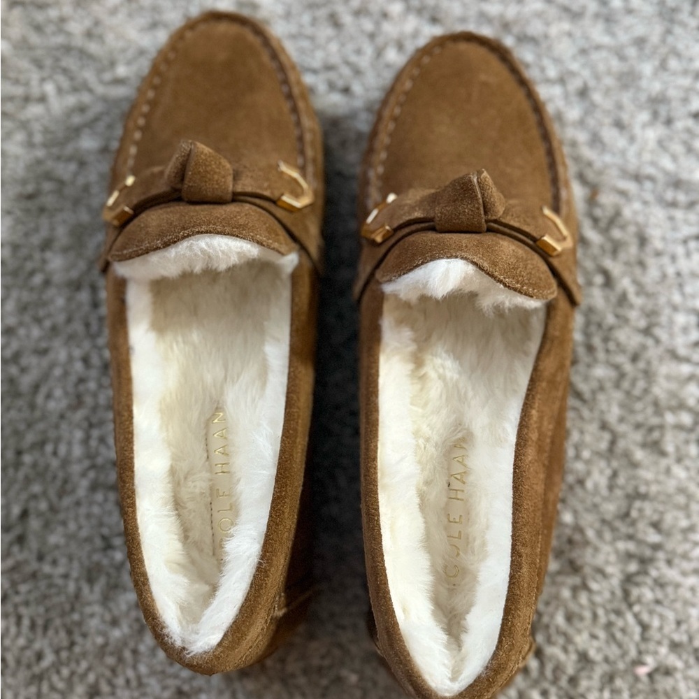 Cole Haan Women’s Evelyn Bow Driver Brown Suede Loafers with Gold Accent - Picture 3 of 7